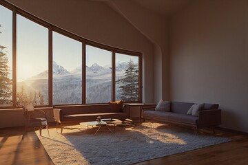 Beautiful elegant midcentury modern interior living room with large windows with fall winter mountain views at golden hour Made with Generative Ai
