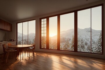 Beautiful elegant midcentury modern interior kitchen dining room breakfast nook with large windows with winter mountain views at golden hour Made with Generative Ai