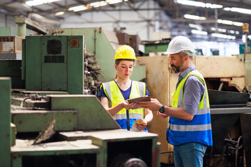 Training trainee concept. Hispanic latin male engineer explain the procedure for using the correct metal robot machine at lathe industrial factory.