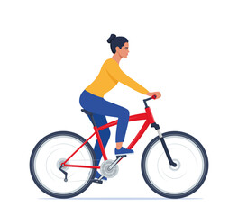 Cute happy young woman on bike. Adorable female bicyclist. Flat vector illustration.