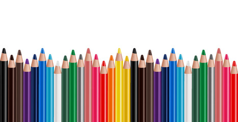 Set of multicolor pencils or crayons, isolated in white background. Back to school items. Template design for presentation, publications, education. Realistic 3D Vector Illustration