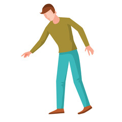 a man in a green sweater stands facing us and stretches his hand down, isolated object on a white background, vector illustration,