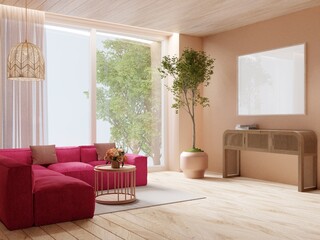 Picture frame mockup on the wall in beige cozy style,in the living room there is a pink sofa and grooved wooden floor. The window offers views of large trees.3d rendering