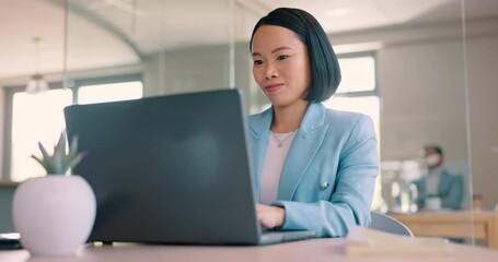 Laptop, thinking and business woman typing review of financial portfolio, stock market database or investment. NFT idea, ipo and Asian crypto trader working on bitcoin mining, forex or trading report - Powered by Adobe