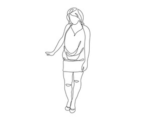 abstract girl without a face stands in a short dress with an outstretched arm, hand drawn, continuous monoline, one line art