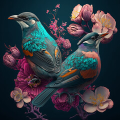 two birds on a branch with flowers