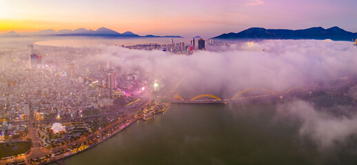 Aerial view of Da Nang city at sunset which is a very famous destination for tourists.