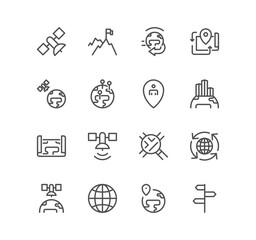 Fototapeta premium Set of global navigation related icons, world map, branch office, business trip and linear variety vectors.