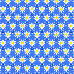 Simple Ditsy fabric pattern of small white daffodils and light blue tulips isolated on a dark blue background