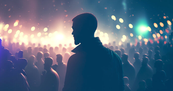 Lonely guy feeling alone in the crowd. Abstract moody image. Generative AI.