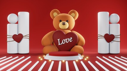 3D rendering of red podium for Valentine products on Valentine's Day.