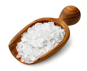 sea salt crystals in wooden scoop isolated on white