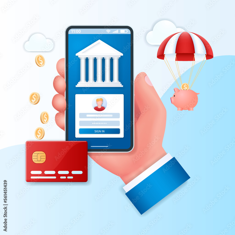 Poster mobile banking app banner. hand holds smartphone with bank building and login window icons on screen