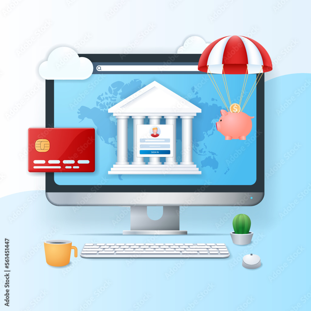 Poster online banking banner. computer with bank building and login window icons on screen. web vector illu
