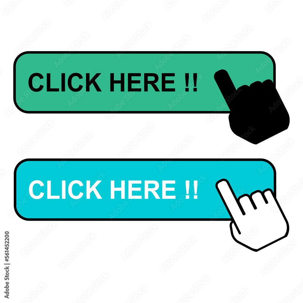 Poster set of click here web button, internet flat pointer design, press link vector illustration