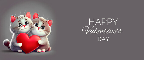 Banner for Valentines Day with cute lovely kitties sitting with red heart