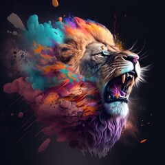 Lion, the head of a lion in a multi-colored flame. Abstract multicolored profile portrait of a lion head on a black background. GENERATIVE AI