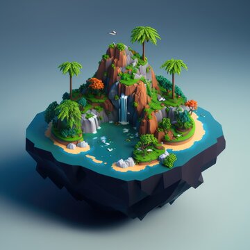 Ethereal green island floating in the sky, complete with a mountain, a river, and a waterfall. Fantasy island design abstracted in the shape of an isometric triangle pollution ecosystem. GENERATIVE AI