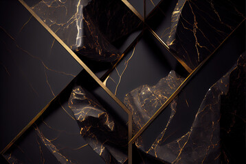 Abstract black golden grunge marble geometric background. Generative AI design