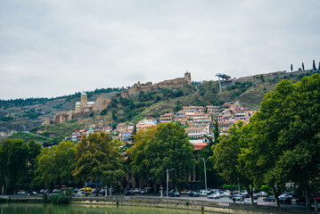 Colorful traditional houses with wooden carved balconies in the Old Town of Tbilisi, Georgia - sep 2022