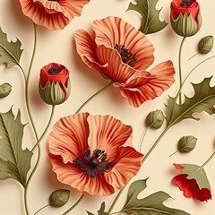 Seamless floral pattern with red poppy flowers and green leaves. Generative AI.