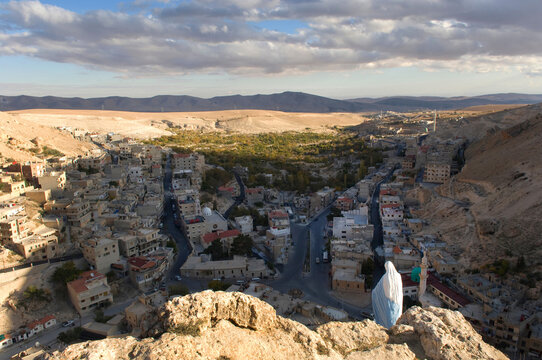 Panoramic view of the mixed Muslim and Christian village of Maalula near Damascus. The town is a place of pilgrimage and one of the few remaining places that speak Aramaic