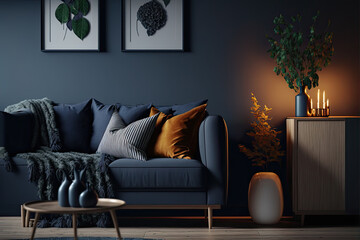 Generative Illustration of an elegant cozy living room with sofa on dark blue wall