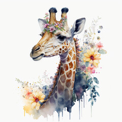 Naklejki  watercolor giraffe with flowers around, Generative AI