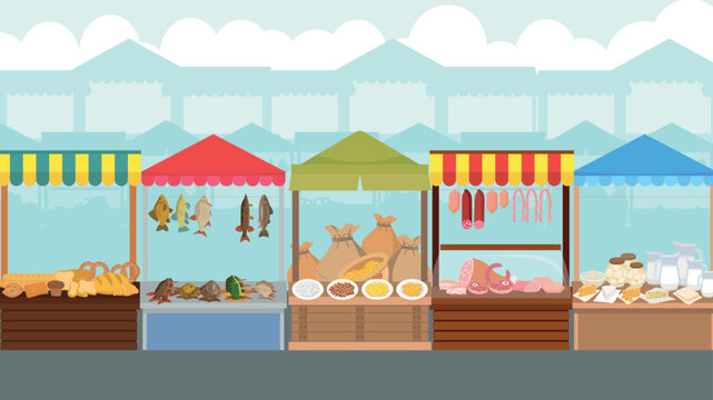Farmer's food market. Sale of dairy, meat, fish, bakery products