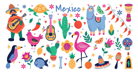 Mexico celebrate symbols. Mexican musician. Guitar and sombrero. Desert cactus. Ethnic fish and turtle. Holiday party or travel nature elements set. Funny llama. Vector doodle illustration