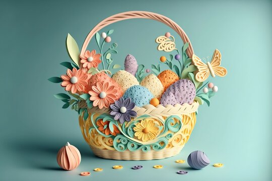 paper quilling of pastel Easter basket with eggs, flowers and butterflies