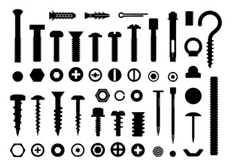 Screw tools set, bolt and nail nut. Hook and fastener, carpenter icons, building drill, clincher, business construction. Flat isolated elements. Vector black silhouette utter collection - obrazy, fototapety, plakaty