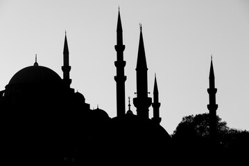 Black and white silhouette of Mosque, minarets and domes of Istanbul skyline, Turkey.