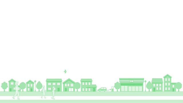 街を歩く人々の線画アニメーション、シンプルな街並み背景（テキスト用スペース）グリーン
