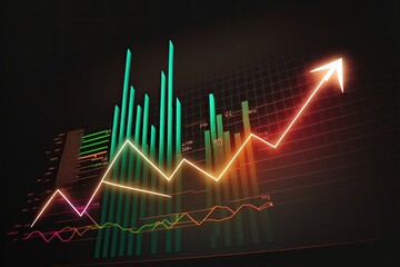 A graph displaying a steady upward trend, with a arrow pointing upwards, indicating a positive financial growth, surrounded by numbers and financial data, with a dark background