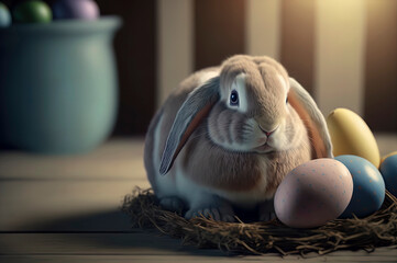 Fototapeta na wymiar rabbit sitting next to a basket of easter eggs, easter bunny