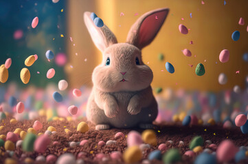 bunny with colorful easter eggs falling, easter rabbit