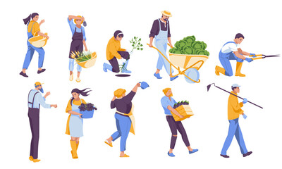 Fototapeta na wymiar set of different gardeners isolated on white background. Men and women different characters with agricultural tools. Vector flat illustration