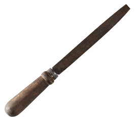 Old metal file with wooden handle, on transparent background.