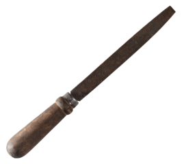 Old metal file with wooden handle, on transparent background.