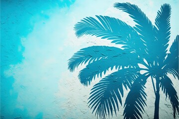 Fototapeta na wymiar Empty palm shadow blue color texture pattern cement wall background. Generative AI