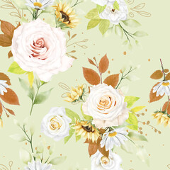 watercolor floral and leaves seamless pattern