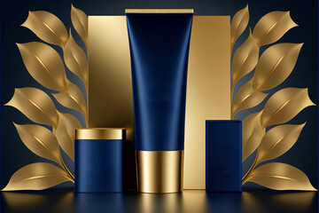 blank skincare tube on flat design a lot of space 3d dark-blue and gold rich background products display podium scene with blue leaf platform,  Generative AI - obrazy, fototapety, plakaty