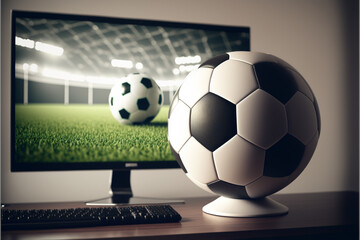 computer monitor and soccer ball on desk, Generative AI