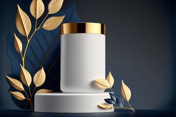 white color blank skincare tube on flat design a lot of space 3d dark-blue and gold rich, front view background Generative AI - obrazy, fototapety, plakaty