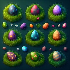 nine easter eggs in grass set, generative AI