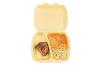 Chicken and pasta in a plastic box for delivery.