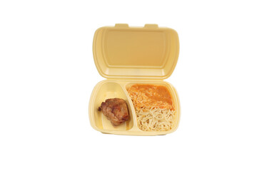 Chicken and pasta in a plastic box for delivery.