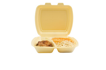 Chicken and pasta in a plastic box for delivery.