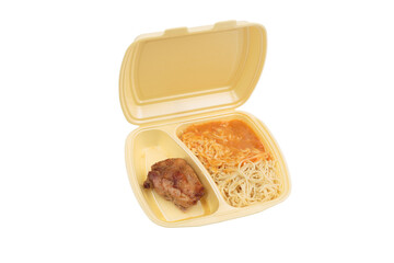 Chicken and pasta in a plastic box for delivery.